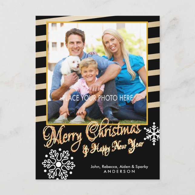 Merry Christmas, Gold & Black Photo Christmas Holiday Postcard (Front)