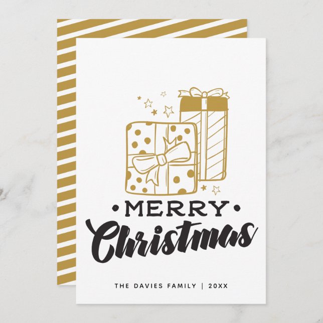 Merry Christmas Gold Black Presents Typography Holiday Card (Front/Back)