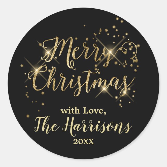 Merry Christmas Gold Black Sparkles Classic Round Sticker (Front)