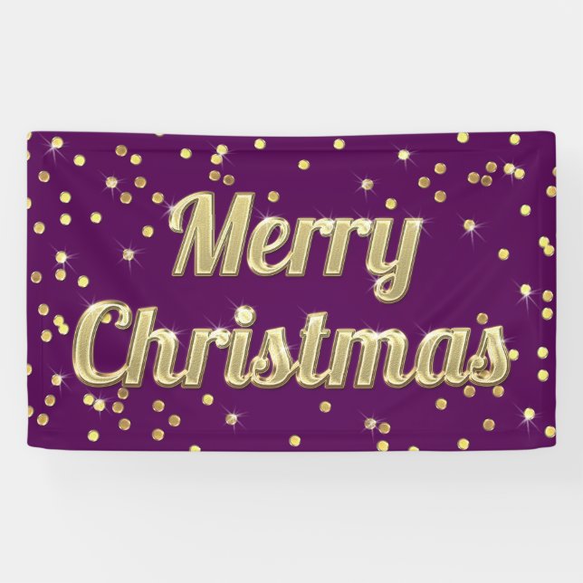 Merry Christmas Gold Bling Confetti Purple Banner (Horizontal)