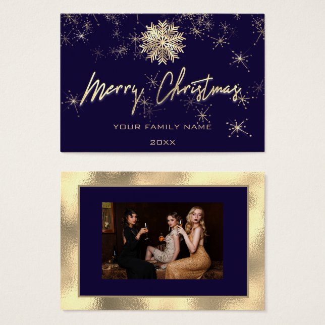 Merry Christmas Gold Blue Navy Photo Snowflakes (Front & Back)