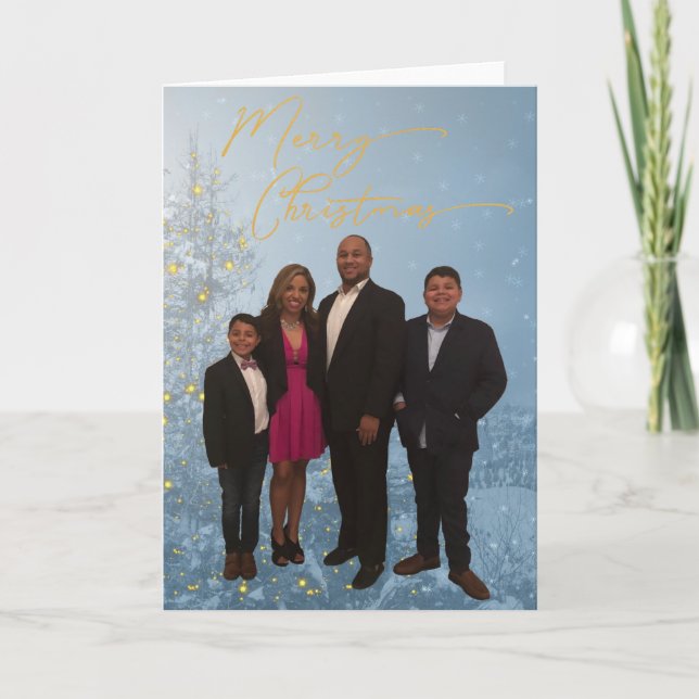 Merry Christmas Gold Blue Tree Family Photo Holiday Card (Front)