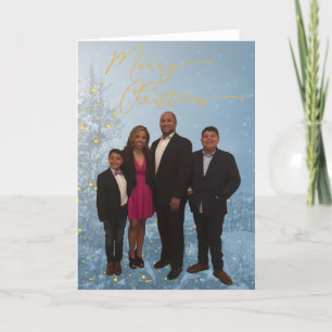 Merry Christmas Gold Blue Tree Family Photo Holiday Card