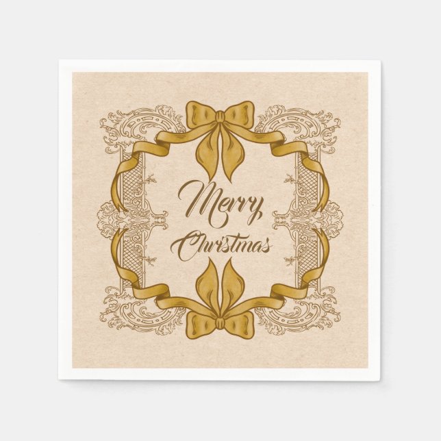 Merry Christmas Gold Bow Vintage Napkin (Front)