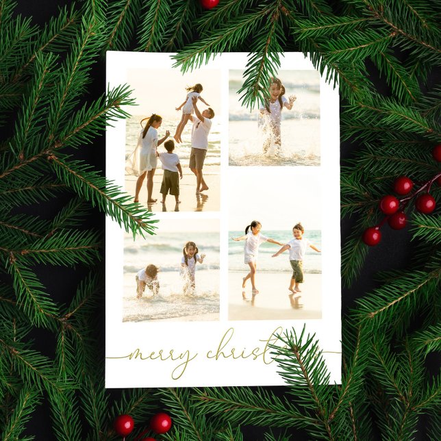 Merry Christmas Gold Calligraphy 5 Photo Elegant Holiday Card (Merry Christmas gold calligraphy script photo card. )