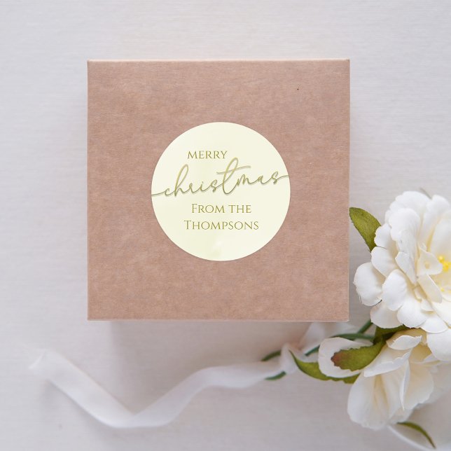 Merry Christmas Gold Calligraphy Script Custom  Classic Round Sticker (Merry Christmas gold calligraphy script circle sticker. )