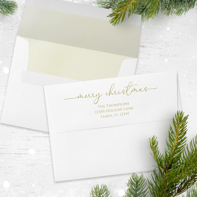Merry Christmas Gold Calligraphy Script Simple  Envelope (Merry Christmas stylish gold calligraphy script lettering envelope.)