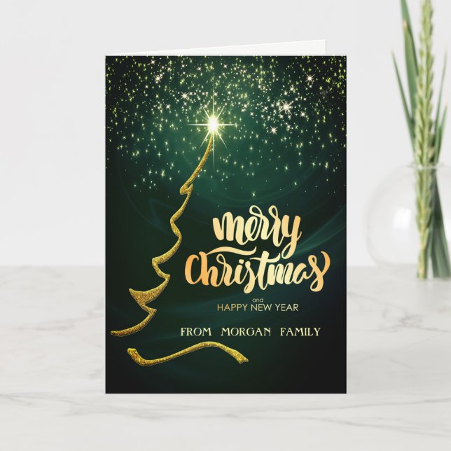 Merry Christmas,Gold Christmas Pine Tree,Green Holiday Card (Front)