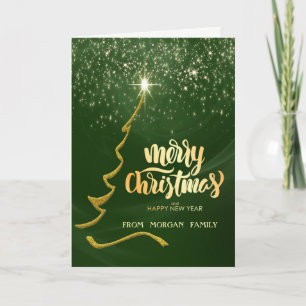 Merry Christmas,Gold Christmas Tree,Green Holiday Card