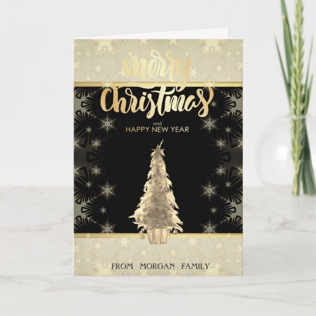 Merry Christmas,Gold Christmas Tree Snowflakes Holiday Card (Front)
