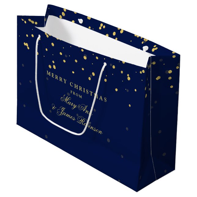 Merry Christmas Gold Confetti Dots Navy Blue Large Gift Bag (Front Angled)