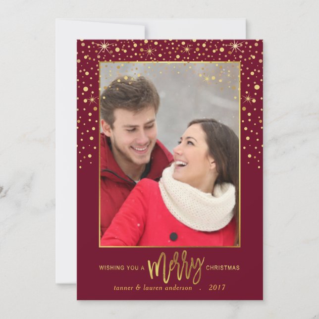 Merry Christmas Gold Confetti Holiday Photo Card (Front)