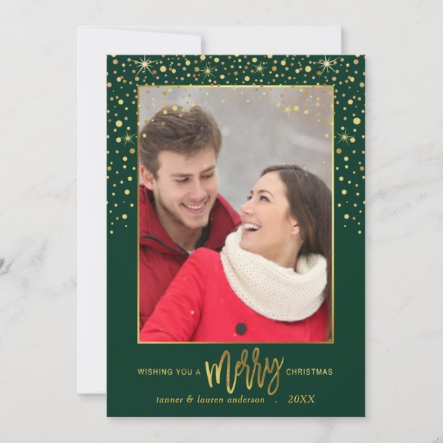 Merry Christmas Gold Confetti Holiday Photo-Green (Front)