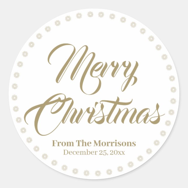 Merry Christmas gold custom script name favours Classic Round Sticker (Front)