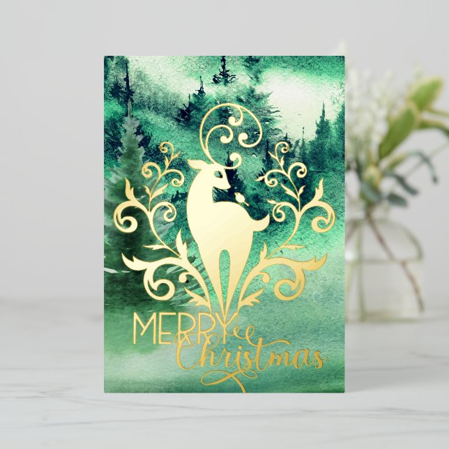 Merry Christmas Gold Deer Forest Photo     Foil Holiday Card (Standing Front)