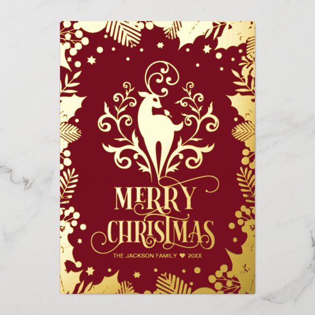 Merry Christmas Gold Deer Holly Photo    Foil Holiday Card (Front)