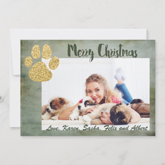 Merry Christmas Gold Dog Paw Holiday Card (Front)