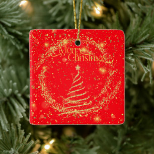 Merry Christmas! Gold Dust Against Red, Glittery Ceramic Ornament