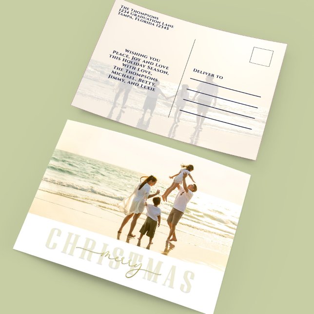 Merry Christmas Gold Elegant Calligraphy 2 Photo Holiday Postcard (Merry Christmas elegant gold two photo template postcard. )