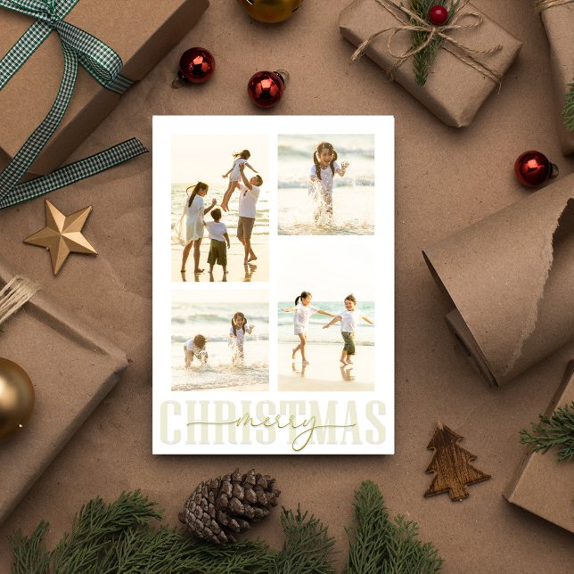 Merry Christmas Gold Elegant Calligraphy 5 Photo Holiday Postcard (Completely editable template, add your own photos, and create an eye-catching photo postcard.)