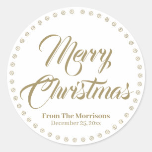 Merry Christmas gold elegant script custom name  Classic Round Sticker