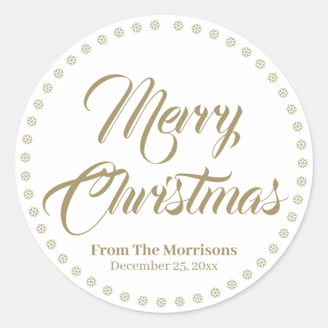 Merry Christmas gold elegant script custom name  Classic Round Sticker (Front)