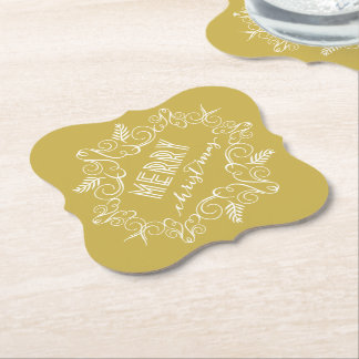 Merry Christmas Gold Festive Foliage Vintage Deco Paper Coaster