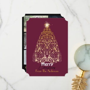 Merry Christmas gold filigree tree holiday card