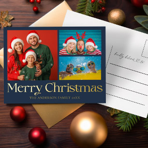 Merry Christmas Gold Foil 3 Photo Holiday Postcard