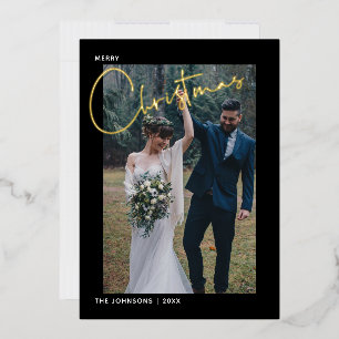 Merry Christmas Gold Foil Calligraphy Black Photo Foil Holiday Card