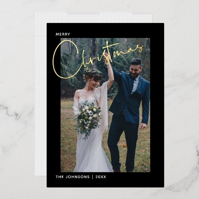 Merry Christmas Gold Foil Calligraphy Black Photo  Foil Holiday Card (Envelope)