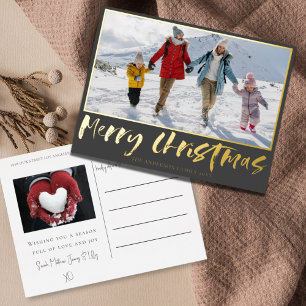 Merry Christmas Gold Foil Calligraphy & Photo Holiday Postcard