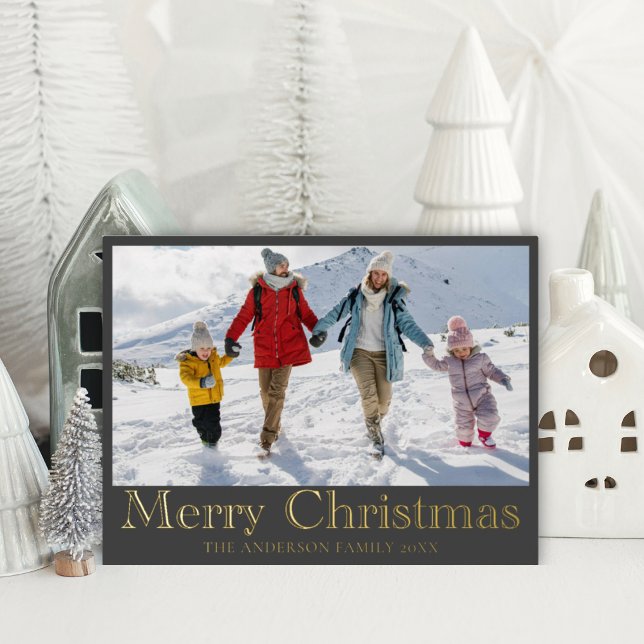 Merry Christmas Gold Foil Calligraphy & Photo Holiday Postcard (Creator Uploaded)