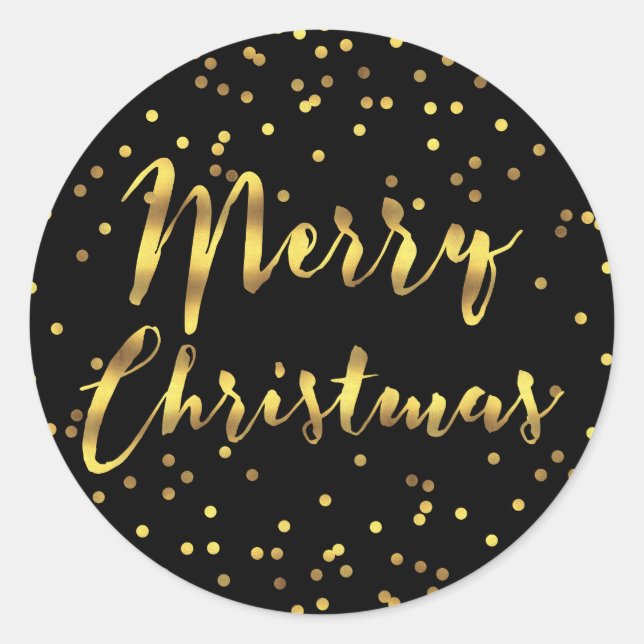 Merry Christmas Gold Foil Confetti Black Classic Round Sticker (Front)