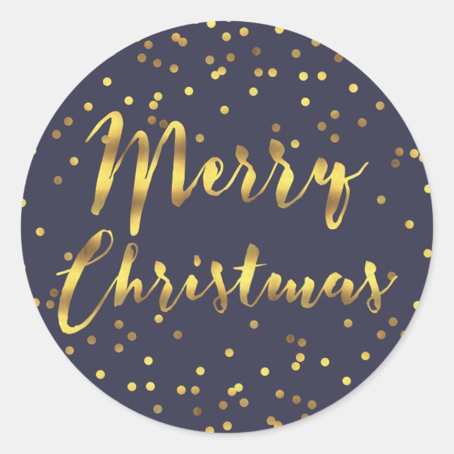 Merry Christmas Gold Foil Confetti Midnight Blue Classic Round Sticker (Front)