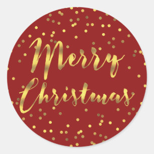 Merry Christmas Gold Foil Confetti Red Classic Round Sticker
