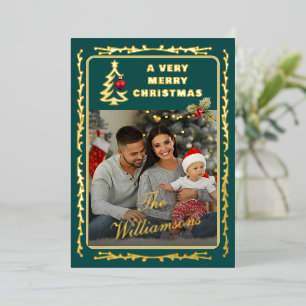 **Merry Christmas Gold Foil Family Photo Holiday Card