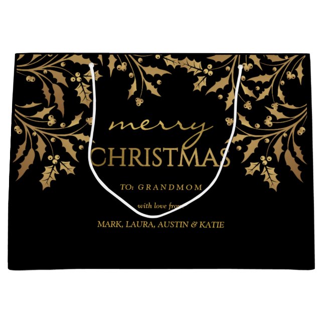 Merry Christmas Gold Foil Holly Garland Large Gift Bag (Front)
