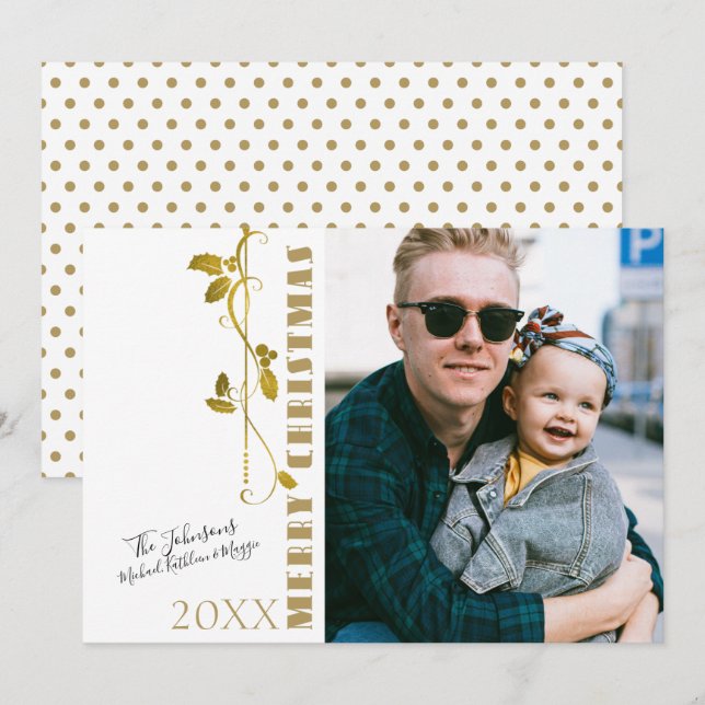 Merry Christmas Gold Foil Holly Single Photo Holiday Card (Front/Back)