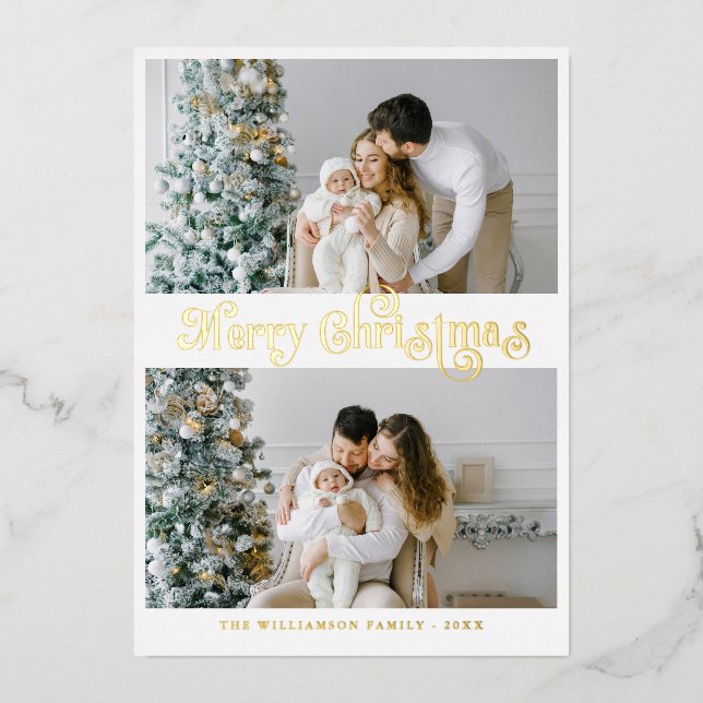 Merry Christmas Gold foil Lettering Photo  Foil Holiday Card (Front)