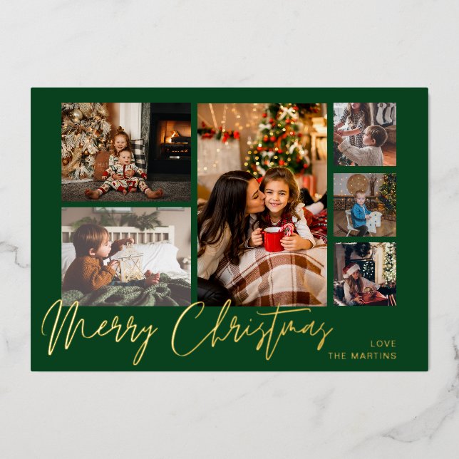Merry Christmas Gold Foil Multi Photo - Green (Front)