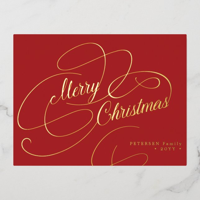 Merry Christmas gold foil script classic red Foil Holiday Postcard (Front)