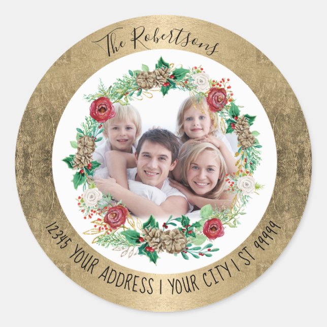 Merry Christmas Gold Foil Wreath Photo Address Classic Round Sticker (Front)