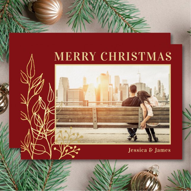 Merry Christmas Gold Foliage Photo Red Foil Holiday Card (Creator Uploaded)