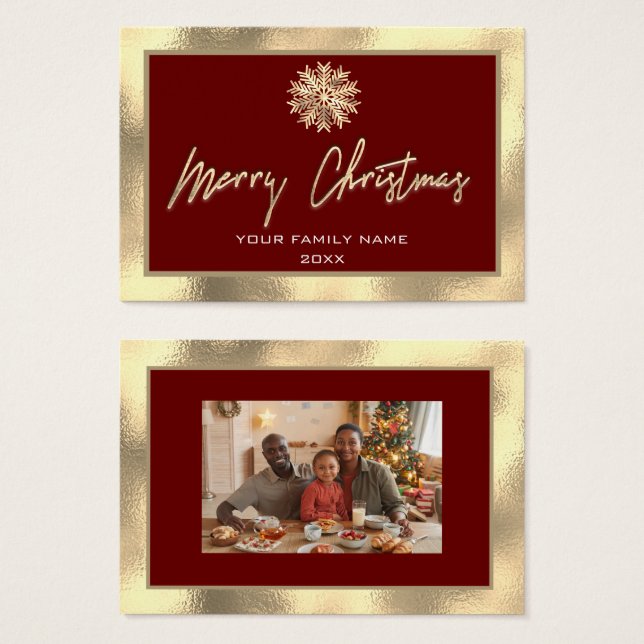 Merry Christmas Gold Frame Family Photo Burgundy (Front & Back)