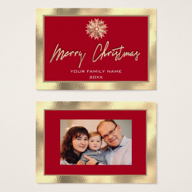 Merry Christmas Gold Frame Red Family Photo (Front & Back)