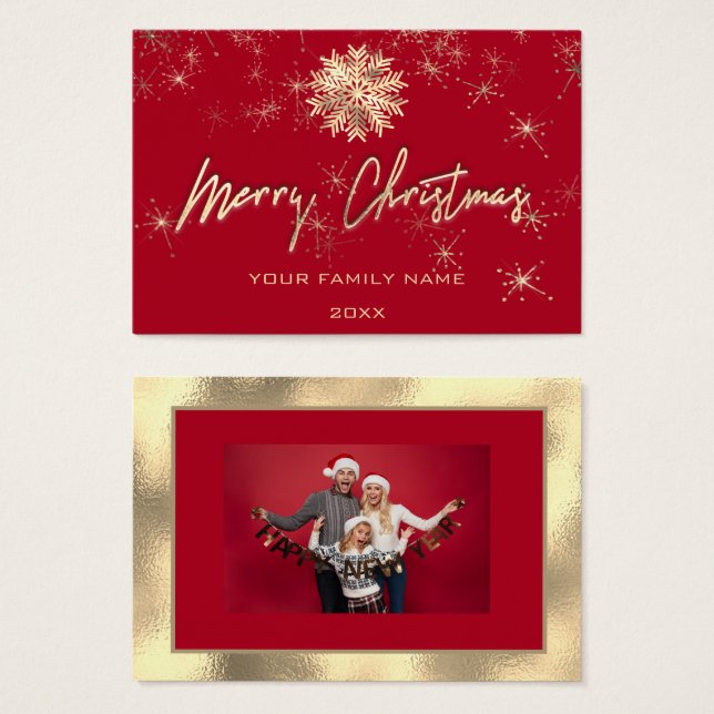 Merry Christmas Gold Frame Red Photo Snowflakes (Front & Back)