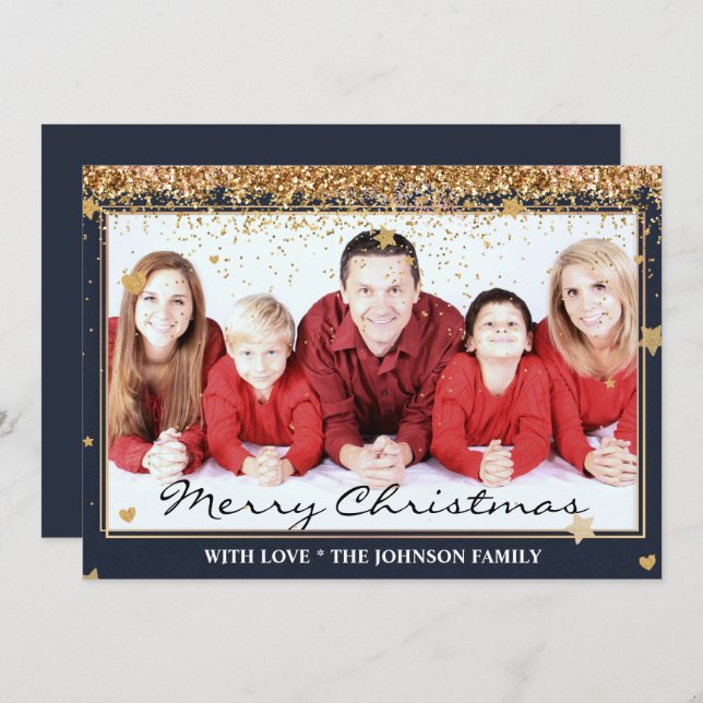 Merry Christmas Gold Glitter Frame Family Photo Holiday Card (Front/Back)