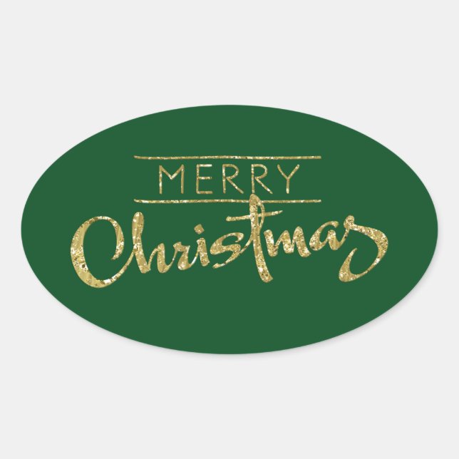 Merry Christmas Gold Glitter Look Oval Sticker (Front)