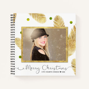 Merry Christmas Gold Glitter Photo Spiral Notebook